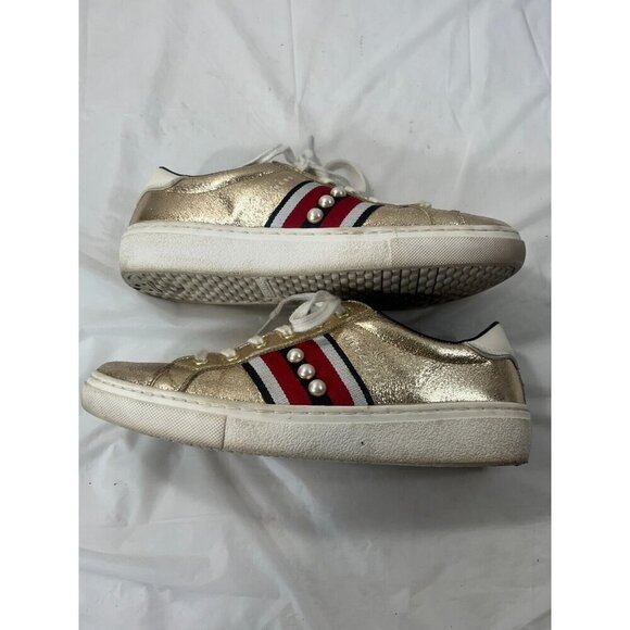 Sketchers Memory Foam Gold with Blk/Wht/Red Stripes with White Gems size 8 - Picture 9 of 12